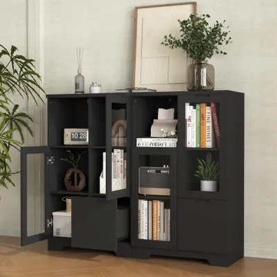Produktbild von MODFU Beistellschrank Wohnzimmerschrank Sideboard mit Schublade+Glastüren,lackiertes MDF,offene Ablage,Schwarz
