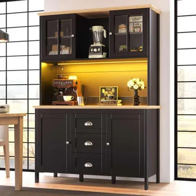 Image de Armoire de cuisine haute moderne avec éclairage LED, 4 portes, 3 tiroirs, armoire latérale, meuble de rangement, dimensions : 120 x 40 x 179 cm, noir