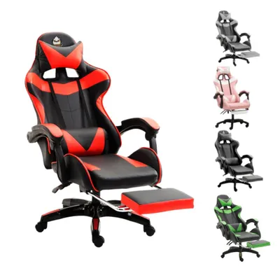 A red and black gaming chair with a footrest is shown on a white background. Several other gaming chairs in different colors are displayed on the right side of the image.