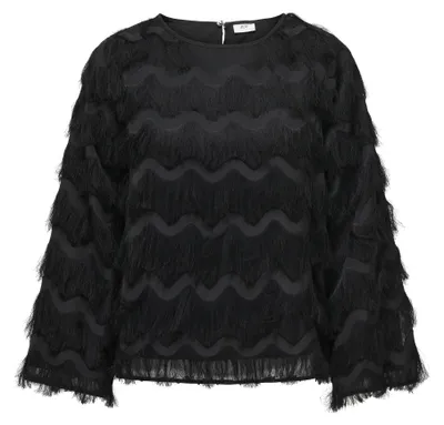 Produktbild von ONLY KESHA L/S TOP WVN Bluse Schwarz Langarm Rundhals Fransen Voluminöse Ärmel Gr. L