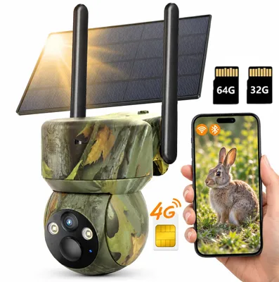 Produktbild von 4G LTE Wildkamera SIM Karte 2K Solar Wildtierkamera Handyübertragung App kabellos Akku überwachungskamera Aussen Farbnachtsicht 32G 64G