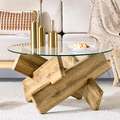 Produktbild von okwish Couchtisch Rund,Beistelltisch,Glasplatte Mit Holzoptik,Kreuzgestell,Sofatisch,Pflegeleicht Für Wohnzimmer Und Leseecke,Holzfarbe