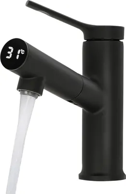 A black faucet with a digital temperature display is shown with water flowing from it.