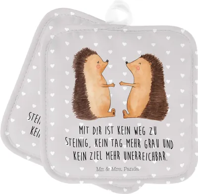 Produktbild von Mr. & Mrs. Panda Topflappen Igel Liebe - Grau Pastell - Geschenk, Hochzeitstag, Ofenlappen, Hochzeit, Set, Topflappenset, Topfuntersetzer, Partner, topfhalter, Freundin
