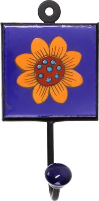 Produktbild von Wandhaken, Garderobenhaken mit Handgefertigter Fliese (8*8 cm) - Modell 8, Blau, Keramik,Metall, Wandhaken aus Holz, Metall & Keramik
