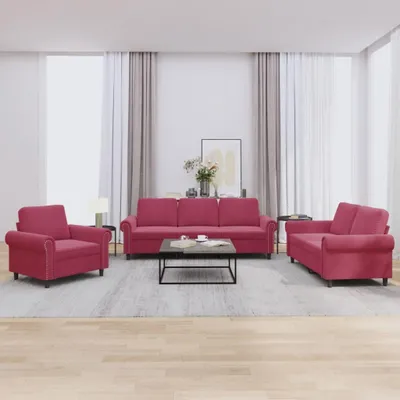 Produktbild von vidaXL 3-tlg. Sofagarnitur mit Kissen Weinrot Samt