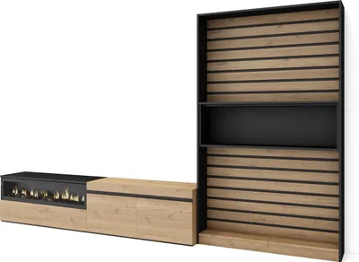 Produktbild von Wohnwand Wohnzimmer, 310x35x186cm, Für TV-Geräte bis zu 80", Elektrokamin, Eiche und Schwarz