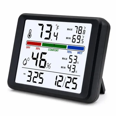 Produktbild von Thermo-Hygrometer digital, Temperatur- und Luftfeuchtigkeitsmesser mit Datum, Wecker, Magnetdesign, schwarz