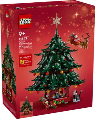 The image shows the box of a LEGO Family Christmas Tree set, with the set itself displayed on the front.