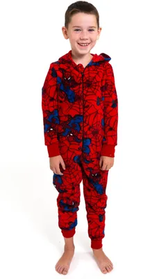 Produktbild von Marvel Spiderman Jumpsuit mit Kapuze für Jungen - Overall Kinder Pyjama Schlafanzug langarm Rot 122-128
