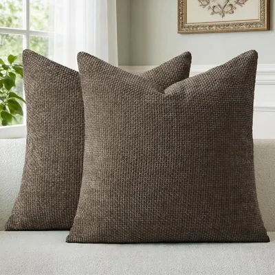 Productafbeelding van Set van 2 kussenhoezen, 40 x 40 cm, donkerbruin chenille, decoratieve kussens, sierkussens, kussens voor de bank, wasbaar, pluizige kussenhoezen voor bank, woonkamer, slaapkamer