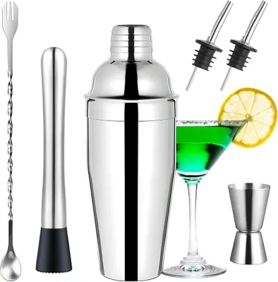 Produktbild von Cocktail Shaker, 750 ML Edelstahl Shaker, Schš¹ttelbecher mit Eingebautem Sieb, Barkeeper Mixer Werkzeug fš¹r Cocktail Herstellung, fš¹r Familien, Bars, Weihnachten Party (Silbrig-set)