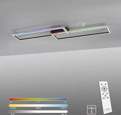 A modern LED ceiling light with multiple rectangular frames, displaying a spectrum of colors and a remote control.