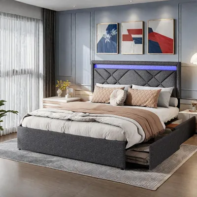 Immagine prodotto di Letto imbottito Fortuna Lai 160x200 cm, letto contenitore con LED, 4 cassetti, USB e testata regolabile, grigio