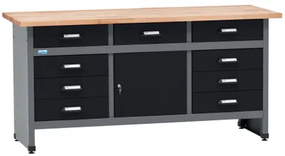 Produktbild von Küpper Werkbank 12879, 170x84x60 cm, 9 Schubladen, 1 Tür, 300 kg Traglast, 30 mm massive Buchenarbeitsplatte