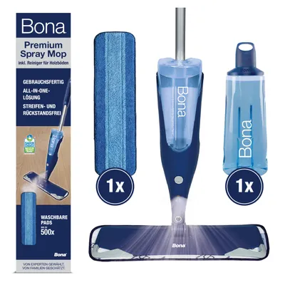 Produktbild von Bona Premium Spray Mop mit 1050 ml Reinigungsmittel für Holzböden, nachfüllbare Kartusche, inkl. Mikrofaser-Reinigungspad