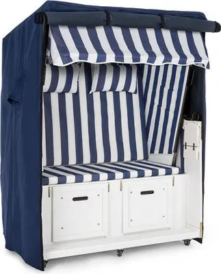 Produktbild von Blumfeldt Hiddensee Strandkorb Set + Wetterschutzhülle + Bodenrollen (5-stufig absenkbare Haube, ausziehbare Fußstützen mit Polster, 2 Nackenkissen, Klapptische) blau-weiß
