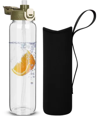 Productafbeelding van 1 Liter Glazen Drinkfles met Rietje en Neopreen Hoes