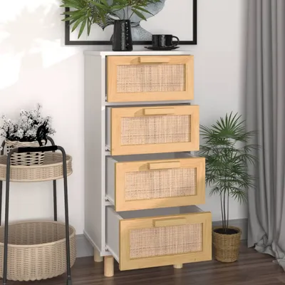 Produktbild von " "Sideboard - praktischem Design - Wohnzimmerschrank - Kommde für Flur - Weiß 40x30x90 cm Massivholz Kiefer und Natur-Rattan NeuMöbel 3953369