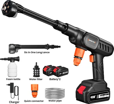 Produktbild von Kabelloser Hochdruckreiniger - Akku-Waschpistole - 21V 500W 20 bar - 10 l/min 30000 U/min - 2x 10-Zellen Akku - 4–5 m Schlauch - 6-in-1 Düse