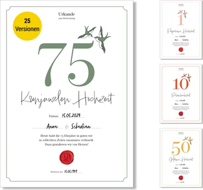 Produktbild von Frank Paperman® | 75. Hochzeitstag | Ehejubiläum | Geschenk eiserne Hochzeit | Urkunde Hochzeitstag | klassisch | Vordruck im DIN-A4-Format