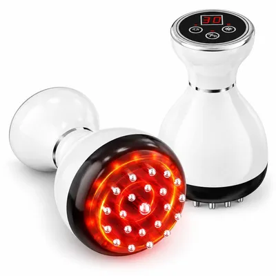 Produktbild von Elektrische Massagebürste, Körpermassagegerät mit Wärme, Rotlicht, Mikrostrom und Vibration, 30 Stufen, 23 Metallköpfe, Weiß