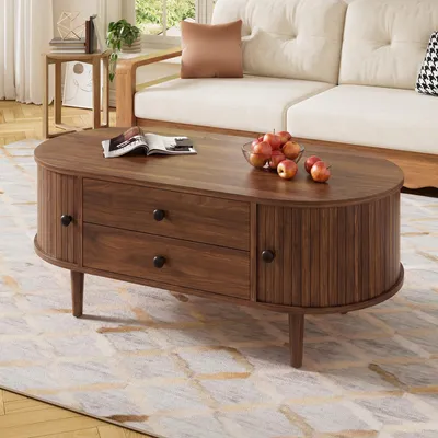 Produktbild von Merax Ovaler Couchtisch mit vertikalen Leisten, Wohnzimmertisch mit 2 Schubladen und Schiebetüren, Sofatisch aus MDF mit Massivholzbeine, Nussbaum