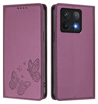 Produktbild von Lederhülle für Xiaomi 14T, Schmetterling Prägung Leder Brieftasche Schutzhülle mit Ständer Lila