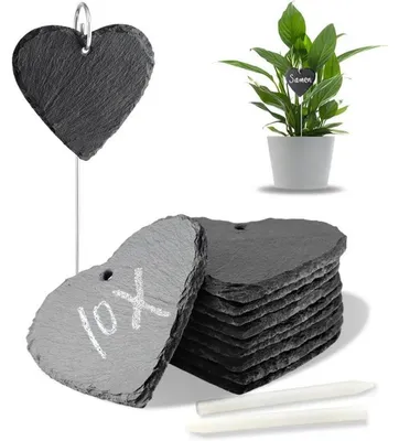 Immagine prodotto di Set di 10 cartelli per piante in ardesia con asta metallica, resistenti alle intemperie, ideali per essere etichettati, inclusi pennarelli a gesso, adatti per erbe aromatiche, fiori, verdure, dimensioni 10 x 10 x 0,5 cm