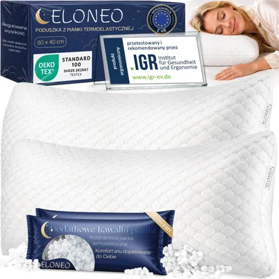 Zdjęcie produktu dla Poduszka ortopedyczna ELONEO z pianki memory, 40x80 cm, ergonomiczna, z regulowaną wysokością, wypełniona poszatkowaną pianką memory