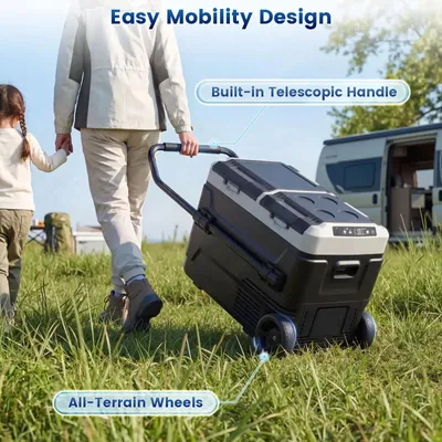 Immagine prodotto di Frigorifero portatile per auto da 40 litri - Frigorifero e congelatore a compressore - Doppia zona - 12 V e 220–240 V - Controllo tramite app Bluetooth - Rotelle - Da -20 a +20 °C