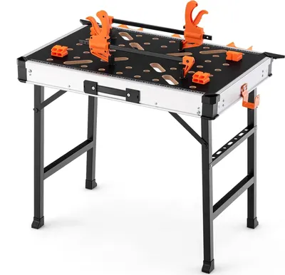 Produktbild von GOPLUS Werkbank klappbar, Arbeitstisch höhenverstellbar mit 454 kg Kapazität, 2 Schnellklemmen, 4 Klemmhaken & 3 Werkzeugkästen, multifunktionaler