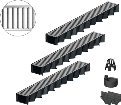 Produktbild von 3x1m ACO Hexaline Entwässerungsrinne Stegrost Stahl verzinkt Ablauf vertikal Bodenrinne Terrassenrinne