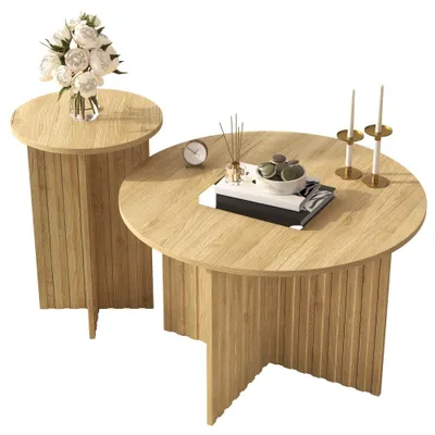 Immagine prodotto di Set di 2 tavolini da salotto in legno AIORBER - tavolini rotondi dal design scandinavo, salvaspazio e stabili, MDF/PB, colore legno