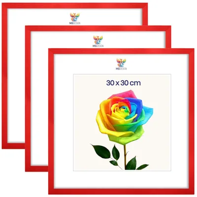 Produktbild von MG Design 3er Set Bilderrahmen 30 x 30 cm - Posterrahmen mit Rot Echtholzrahmen und bruchsicherem Acrylglas, Hoch & Quer mit stabiler Wandaufhängung