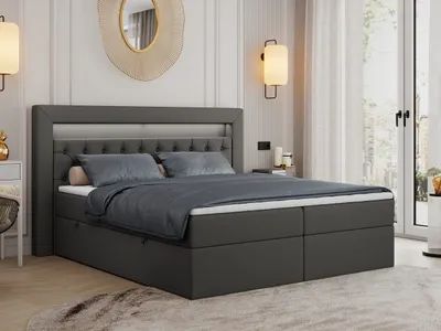 Produktbild von Boxspringbett 180x200 mit Led, Polsterbett 180x200 mit LED Kopfteil - Multipocket-Matratze H3 - Doppelbett mit Bettkasten Stauraumbett, GOLD-6 - 180x200 - Dunkelgrau - Kunstleder - Mittelfest (H3)