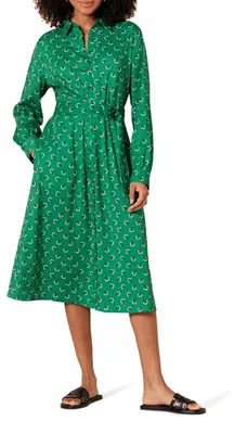 Obrázok produktu pre A. Dámske midi šaty s dlhými rukávmi značky Essentials, zelené a biele s kvetinovým vzorom, vyrobené z materiálu georgette