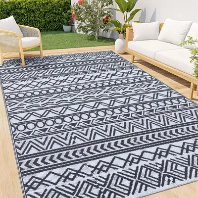 Produktbild von Outdoor Teppich Wetterfest Geometrisch 120x180 cm Schwarz Weiß Wendbar