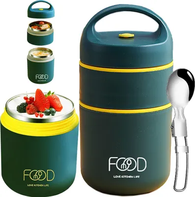 Produktbild von Müslibecher to go 680 ml - auslaufsicherer Doppelwand-Joghurt- & Müslibecher mit Löffel, Bento Lunchbox in Grün