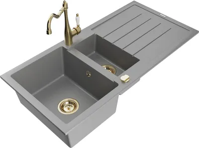Produktbild von Mexen Andres 1,5-Becken-Granitspüle mit Abtropffläche und Mischbatterie Carla, Grau - 6515-71-670700-50