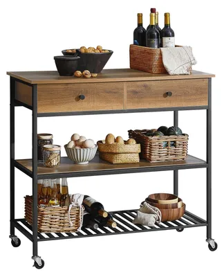 Image de Chariot de cuisine sur roulettes avec 2 tiroirs, 2 étagères et un design industriel noir métallique