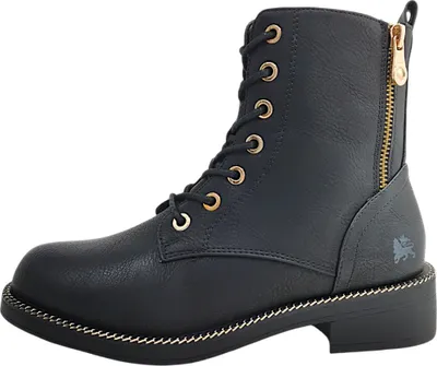 A black lace-up boot with a side zipper and gold accents.