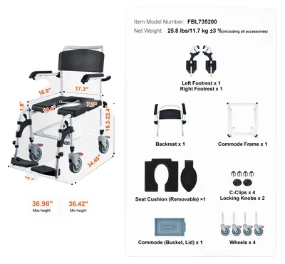 Image de Tablette de douche mobile pour fauteuil roulant, avec 4 roues verrouillables, réglable en hauteur, en aluminium
