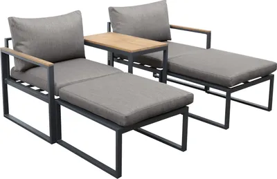 Two outdoor lounge chairs with a connecting table, shown against a white background.