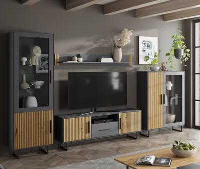 Zdjęcie produktu dla Zestaw mebli do salonu >Joe< (4-częściowy) w kolorze dębu / antracytu – 341 x 197 x 40 (szer. x wys. x gł.)