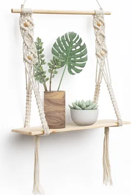 Produktbild von Wandregal Holz Regal Wand Boho Deko Hängeregal Makramee Wanddeko Balkon Badezimmer Wohnzimmer Handgewebte Schweberegal