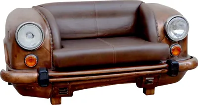 A vintage-style sofa designed to look like the front of a classic car.