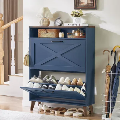 Immagine prodotto di Armadio per scarpe stretto con 2 ante a ribalta, dimensioni 80x24x113 cm, colore blu, aspetto rattan