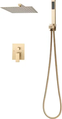 Produktbild von SucceBuy Duscharmatur Regenduschsystem fürs Badezimmer mit 305 mm quadratischem Regenduschkopf und Handbrause, wandmontiertes Duschset mit Messingventil und Ziergarnitur, gebürstetes Gold