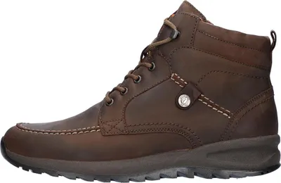 A single brown leather boot shown from the side against a white background.